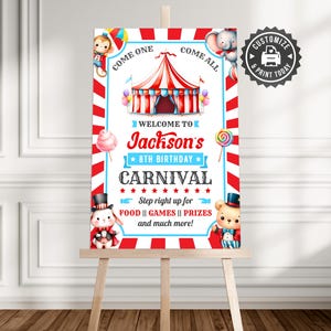 Letrero de bienvenida de carnaval de cumpleaños / Tablero de saludo de decoración de pared de animales de circo editables para fiesta infantil / Plantilla imprimible digital personalizada de 24 x 36