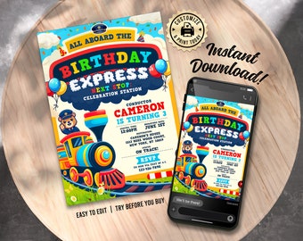 Birthday Train Invitation |  Express Railway Conductor Theme Kids Editable Party Invite | Custom Digital Printable Template 5x7
