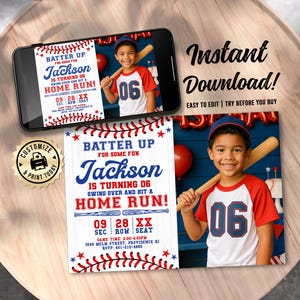 Baseball Birthday Photo Invitation | Editable Batter Up T-Ball Kids Boys Sports Party Invite | Custom Digital Printable Template 7x5