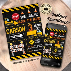 Construction Birthday Invitation | Editable Road Work Trucks Builder Kids Party Invite | Custom Digital Printable Template 5x7