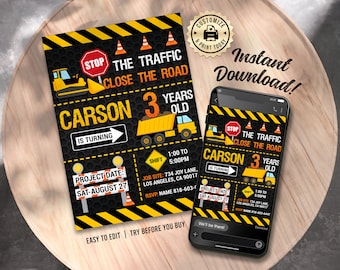 Construction Birthday Invitation | Editable Road Work Trucks Builder Kids Party Invite | Custom Digital Printable Template 5x7