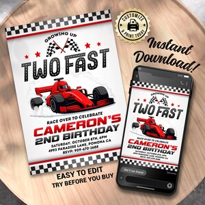 Race Car 2nd Birthday Invitation | Editable Two Fast Go Kart Kids Toddler Boy Party Invite | Custom Digital Printable Template 5x7