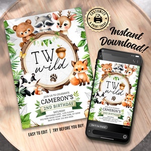 Woodland 2nd Birthday Invitation | Editable Two Wild Forest Animals Kids Toddler Party Invite | Custom Digital Printable Template 5x7