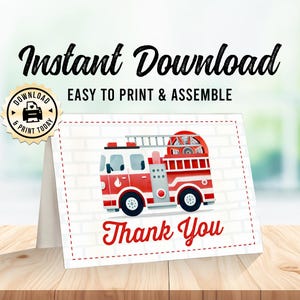 Feuerwehr-Dankeschön-Karte | Feuerwache-Babyparty-Geburtstags-Sofortiger Download Mitbringsel-Karte | Gefaltet Individuell bedruckbar - 9,5x12cm