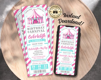 EDITABLE Circus Fun Fair Ticket Big Top Come One Come All For A Birthday Carnival Party Custom Invitation Digital Printable Template 2.5x7"