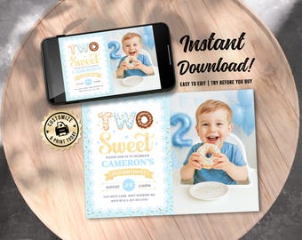 Donut 2nd Birthday Photo Invitation | Editable Two Sweet Theme Boy 2nd Birthday Party Picture Invite | Custom Digital Printable Template 7x5