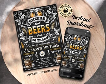Cheers and Beers 70th Birthday Invitation | Vintage Brewery Editable Milestone Party Invite | Custom Digital Printable Template 5x7