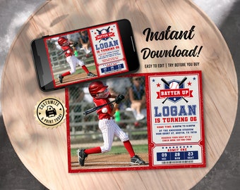 EDITABLE Baseball Softball Batter Up Sports Game Ticket Theme Birthday Party Custom Invitation Digital Printable Template - 5x7