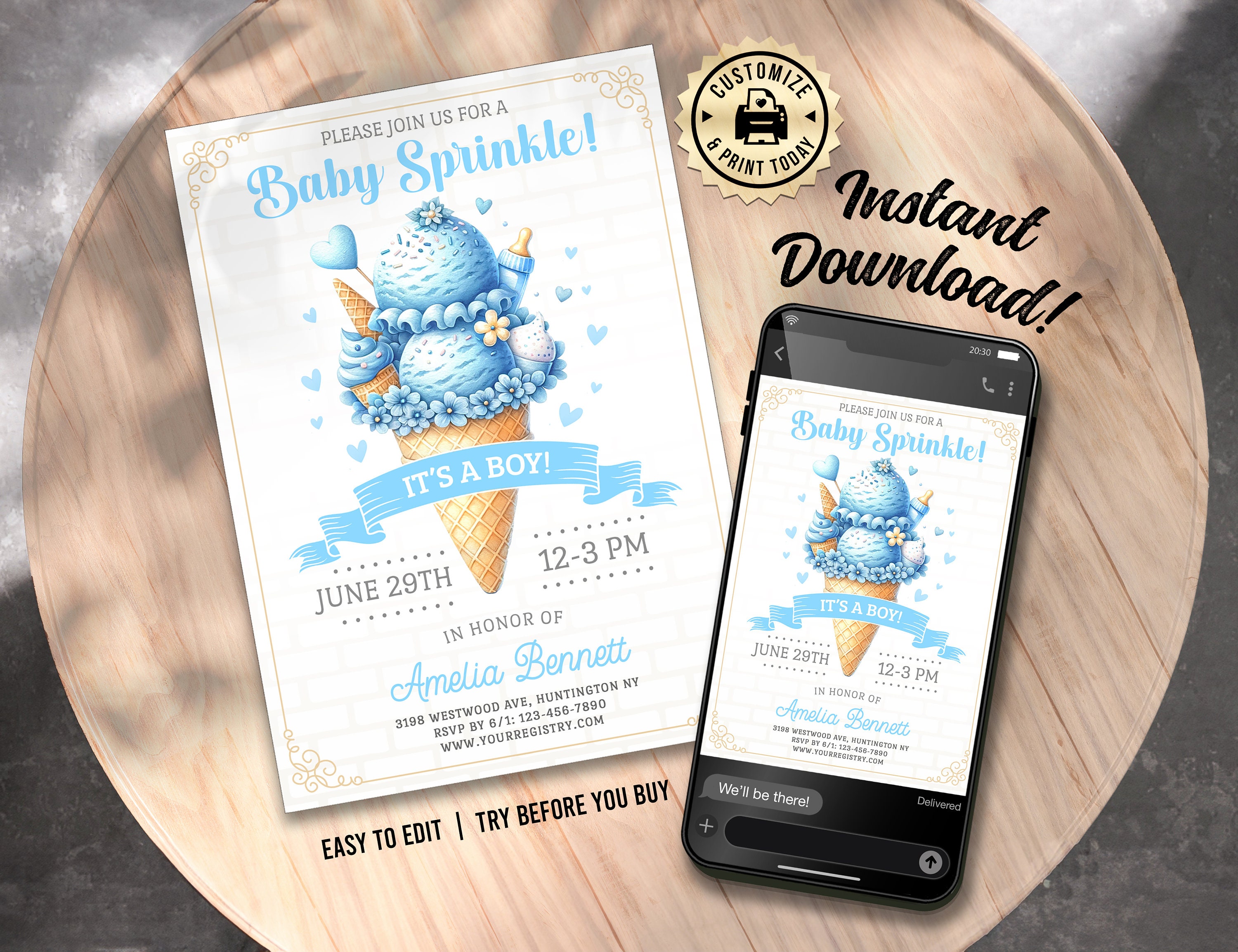 Rec Invitation Ice Cream Sprinkle Baby Shower Invitation | It's A Boy (digital ...
