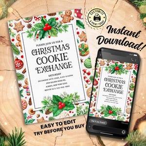 Könnte beinhalten: Eine druckbare Einladung zu einem Weihnachts-Keks-Austausch mit einem Aquarell-Design mit Lebkuchen, Stechpalmen und Zuckerstangen. Der Text lautet "Bitte nehmen Sie an unserem Weihnachts-Keks-Austausch teil".