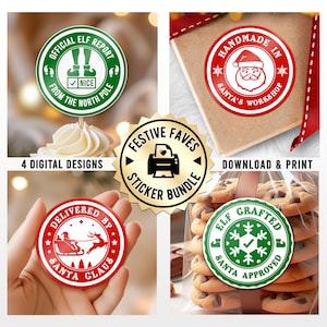 Paquete de pegatinas navideñas festivas / 4 diseños imprimibles para regalos, productos, repostería y decoración navideña / Etiquetas redondas de 2&quot; de descarga instantánea