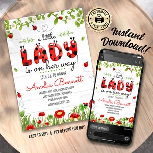 A Little Lady Baby Shower Invitation | Cute Ladybug Garden Girl Baby Sprinkle Editable Invite | Custom Digital Printable Template - 5x7