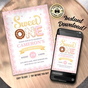 Donut 1st Birthday Invitation | Editable Sweet One Girl&#39;s 1st Birthday Party Invite | Custom Digital Printable Template 5x7