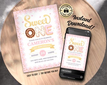 Donut 1st Birthday Invitation | Editable Sweet One Girl's 1st Birthday Party Invite | Custom Digital Printable Template 5x7