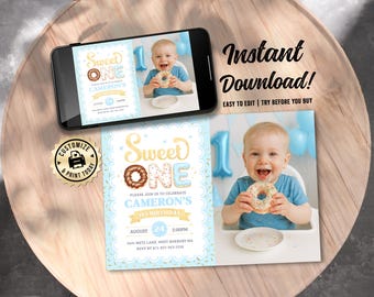 Donut 1st Birthday Photo Invitation | Editable Sweet One Theme Boy 1st Birthday Party Picture Invite | Custom Digital Printable Template 7x5