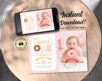 Donut 1st Birthday Photo Invitation | Editable Sweet One Girl's 1st Birthday Party Picture Invite | Custom Digital Printable Template 7x5