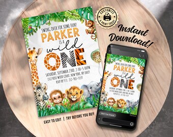 Inbjudan till 1-årsdag med safari | Redigerbar inbjudan till barnfest med vilda djur och djungeltema | Anpassad digital utskrivbar mall 5x7