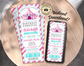 Birthday Carnival Ticket Invitation |  Editable Big Top Circus Kids Party Invite | Custom Digital Printable Template 2.5x7