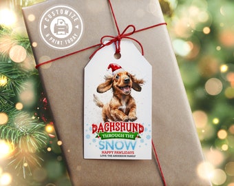 Dachshund Christmas Gift Tag | Editable Holiday Party Weiner Dog Favor Tag | Custom Digital Printable Template 2x3.5"