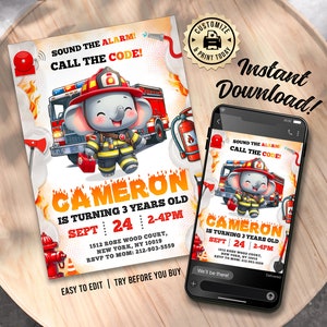 Firefighter Birthday Invitation | Editable Fire Truck Rescue Little Hero Kid's Party Invite | Custom Digital Printable Template 5x7