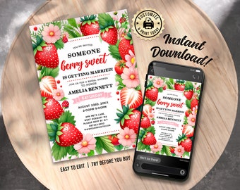 BEWERKBARE Berry zoete bruids douche aardbei botanische liefde is zoete viering thema aangepaste uitnodiging digitale afdrukbare sjabloon - 5 x 7