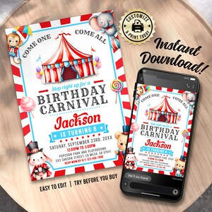 Birthday Carnival Party Invitation | Editable Circus Animals Big Top Kids Party Invite | Custom Digital Printable Template 5x7