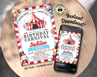 Puede incluir: Una invitación imprimible para un carnaval de cumpleaños. La invitación presenta un fondo a rayas rojas y blancas con una carpa de circo, un mono, un elefante y algodón de azúcar. El texto de la invitación dice: "¡Venid todos! Subid para un carnaval de cumpleaños Jackson cumple 8 años".