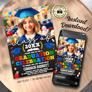 photo de fête de remise des diplômes pour enfants | Carte d'études supérieures colorée modifiable de Zazzle.be Liste d'envies Vous avez des idées ? Modèle imprimable numérique personnalisé 5 x 7