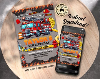 Firefighter Birthday Invitation | Editable Fire Truck Rescue Little Hero Kid&#39;s Party Invite | Custom Digital Printable Template 5x7