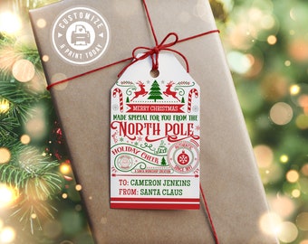 North Pole Christmas Gift Tag | Editable Kids Christmas Present Holiday Party Favor Tag | Custom Digital Printable Template 2x3.5"