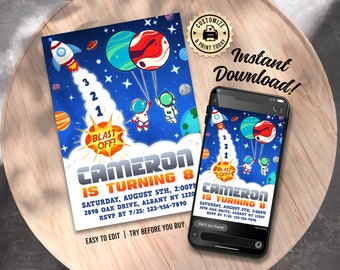 Puede incluir: Invitación digital editable para una fiesta de cumpleaños de un niño de 8 años con temática espacial. La invitación presenta un cohete, planetas, estrellas y astronautas. El texto de la invitación dice "Cameron cumple 8 años".