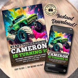 Invito di compleanno Monster Truck / Invito per festa di compleanno per bambini e ragazzi con raduno di camion modificabile / Modello digitale stampabile personalizzato 5x7