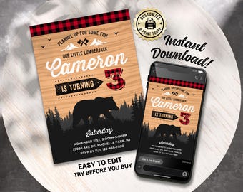 Lumberjack Birthday Invitation | Editable Flannel Up Kids Boy's Plaid Party Invite | Custom Digital Printable Template 5x7