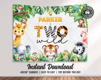 Bannière Safari 2e anniversaire | Décoration murale modifiable de deux animaux sauvages de la jungle pour enfants | Modèle numérique imprimable personnalisé 48 x 36