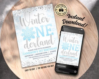 Puede incluir: Una invitación de cumpleaños con temática invernal con las palabras "Winter NE derland" en plata y azul. La invitación incluye detalles para el primer cumpleaños de Cameron, mostrados en una tarjeta impresa y un smartphone.