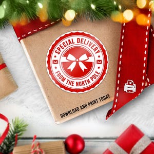 Pegatina navideña de entrega especial al Polo Norte / Etiqueta decorativa para regalo navideño con sello de elfos del taller de Papá Noel / Descarga instantánea para imprimir digitalmente