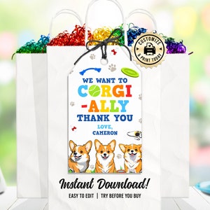 Corgis Dankeschön-Anhänger | Bearbeitbarer Welpe Adoption Party Kindergeburtstag Favor Tag | Benutzerdefinierte digitale druckbare Vorlage 2x3.5