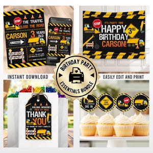 Construction Birthday Party Bundle | Editable Invitation Thank You Tag Backdrop Banner Custom Digital Templates | Printable Cupcake Toppers