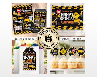 Construction Birthday Party Bundle | Editable Invitation, Thank You Tag, & Banner Digital Templates | Printable Cupcake Toppers