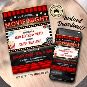 Movie Night Birthday Invitation | Editable Cinema Theatre Film Kids Watch Party Invite | Custom Digital Printable Template 5x7