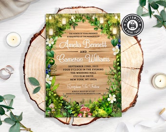 Woodland Wedding Invitation | Enchanted Forest Boho Nature Fairy Lights Editable Invite | Digital Printable Custom Template 5x7