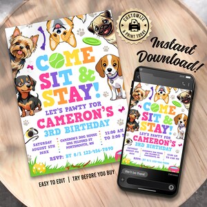 May include: A colorful printable invitation for a dog-themed birthday party. The invitation features cartoon dogs and the text "Come Sit & Stay! Let's Pawty for Cameron's 3rd Birthday".