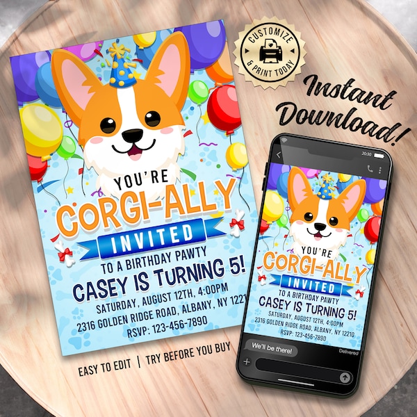 EDITABLE You're Corgi-ally Invited Birthday Party Invitation Custom Digital Printable Template - 5x7