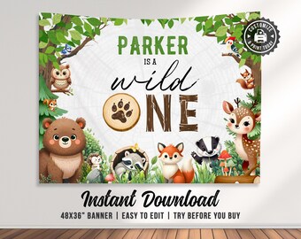 Woodland 1st Birthday Banner | Editable Wild One Forest Animals Baby Party Backdrop Wall Decor | Custom Digital Printable Template 48x36"