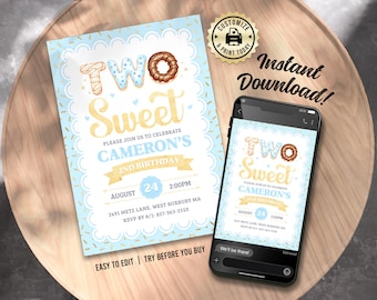 Donut 2nd Birthday Invitation | Editable Two Sweet Boy's 2nd Birthday Party Invite | Custom Digital Printable Template 5x7