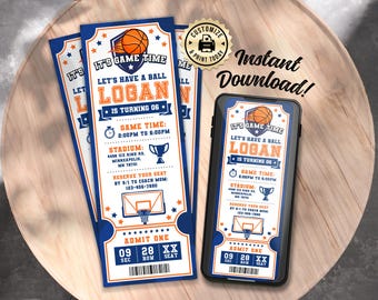 Basketball Ticket Birthday Invitation | Editable Game Time Slam Dunk Kids Sports Party Invite | Custom Digital Printable Template 2.5x7
