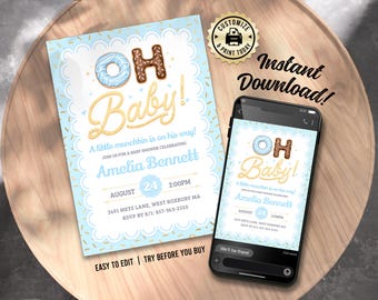 Donut Baby Shower Invitation | Editable Little Munchkin Baby Boy Sprinkle Party Invite | Custom Digital Printable Template 5x7