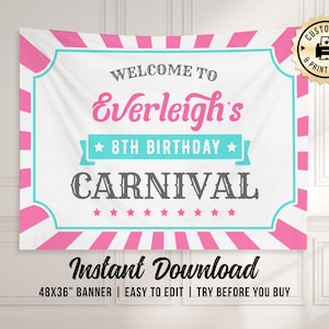 Birthday Carnival Banner | Editable Pink Kids Circus Theme Girls Party Backdrop Wall Decor | Custom Digital Printable Template 48x36