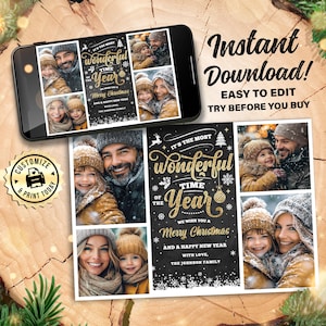 Prachtige kerstfotokaart van de tijd van het jaar | Bewerkbare gezinsvakantie 4 fotowenskaart | Aangepaste digitale afdrukbare sjabloon 7 x 5