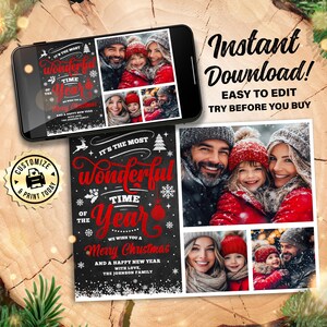Prachtige kerstfotokaart van de tijd van het jaar | Bewerkbare gezinsvakantie 3 wenskaarten | Aangepaste digitale afdrukbare sjabloon 7 x 5